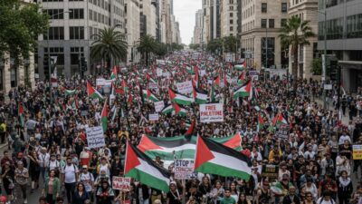 Ilustrasi Masa Pendemo Dukung Palestina melakukan aksi demo di jalanan kota/JURNALOKA/Gemini