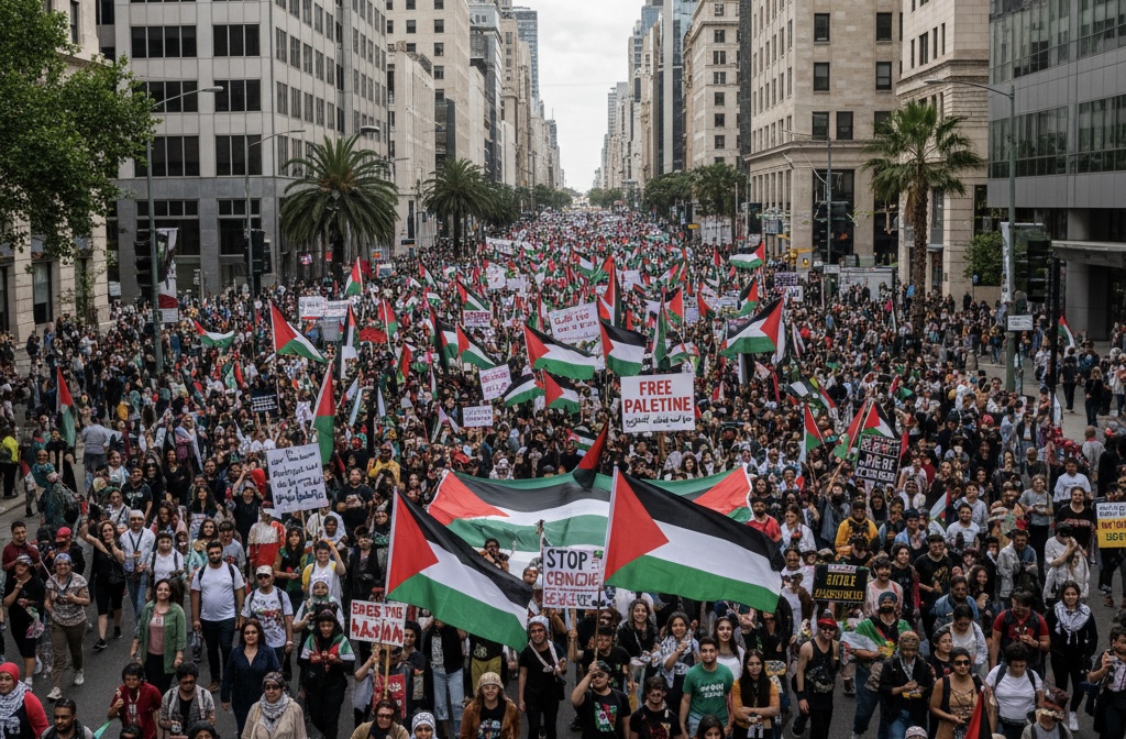 Ilustrasi Masa Pendemo Dukung Palestina melakukan aksi demo di jalanan kota/JURNALOKA/Gemini